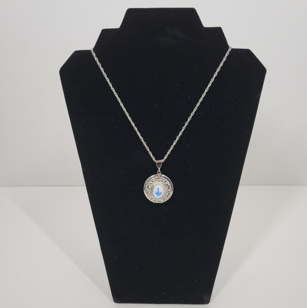 Vtg Blue White Lighthouse Anchor Motif Pendant Locket Silver Tone Chain Necklace